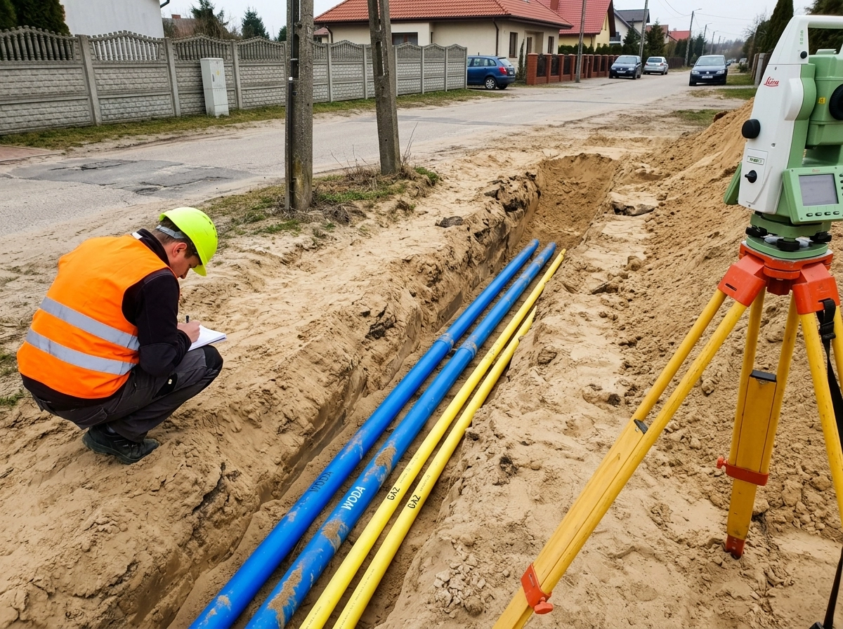 Geodeta wykonujący inwentaryzację sieci uzbrojenia terenu tachimetrem Leica w otwartym wykopie na budowie w Olsztyni