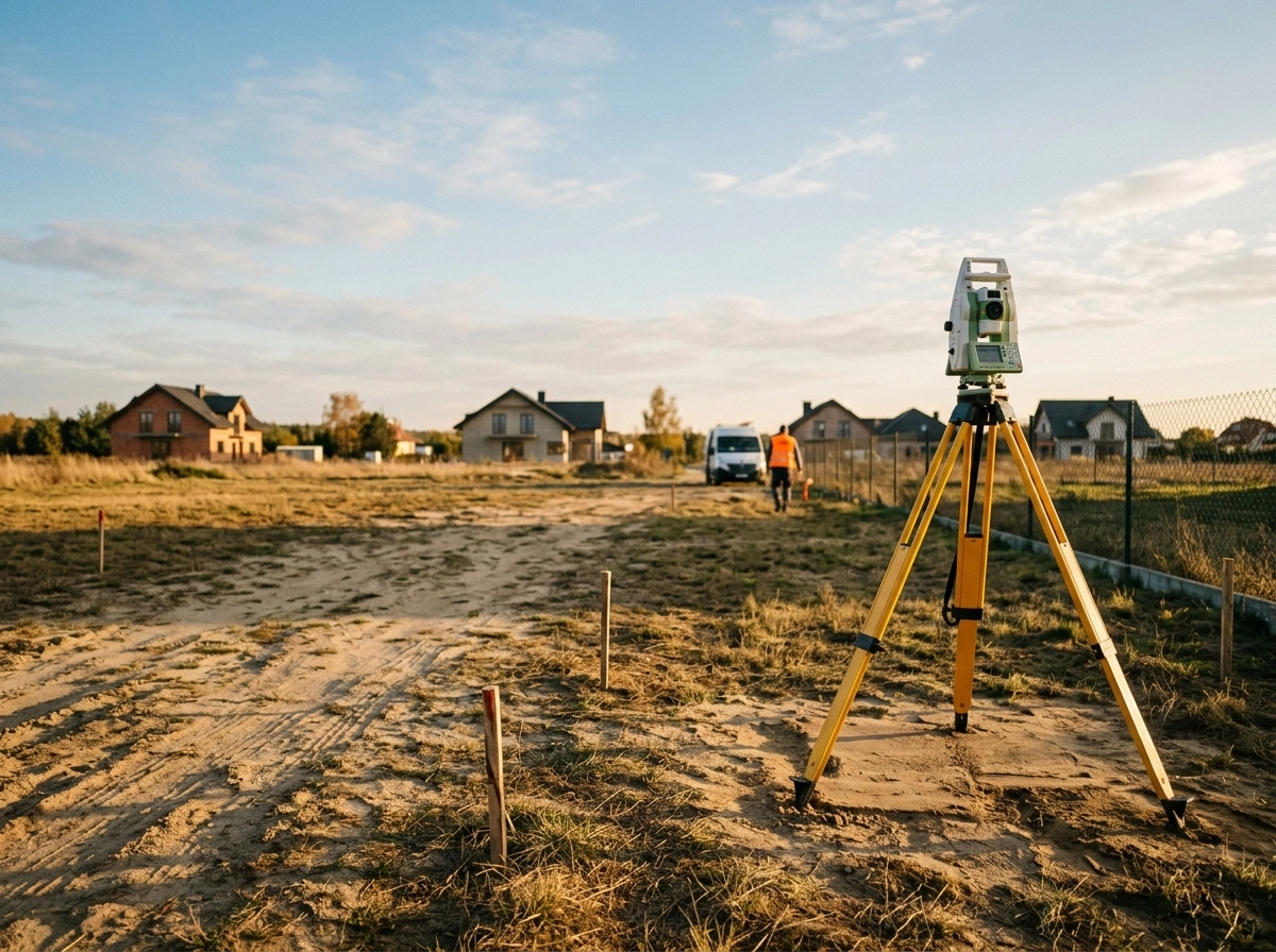 Geodeta GEOMAT wykonuje pomiar tachimetrem Leica na działce budowlanej w Olsztynie - mapa do celów projektowych