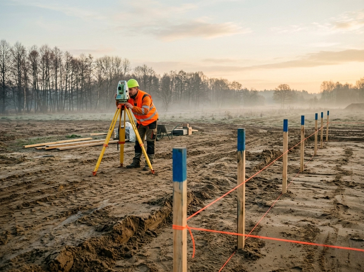 Geodeta wykonujący tyczenie budynku na działce w Olsztynie przy użyciu tachimetru Leica