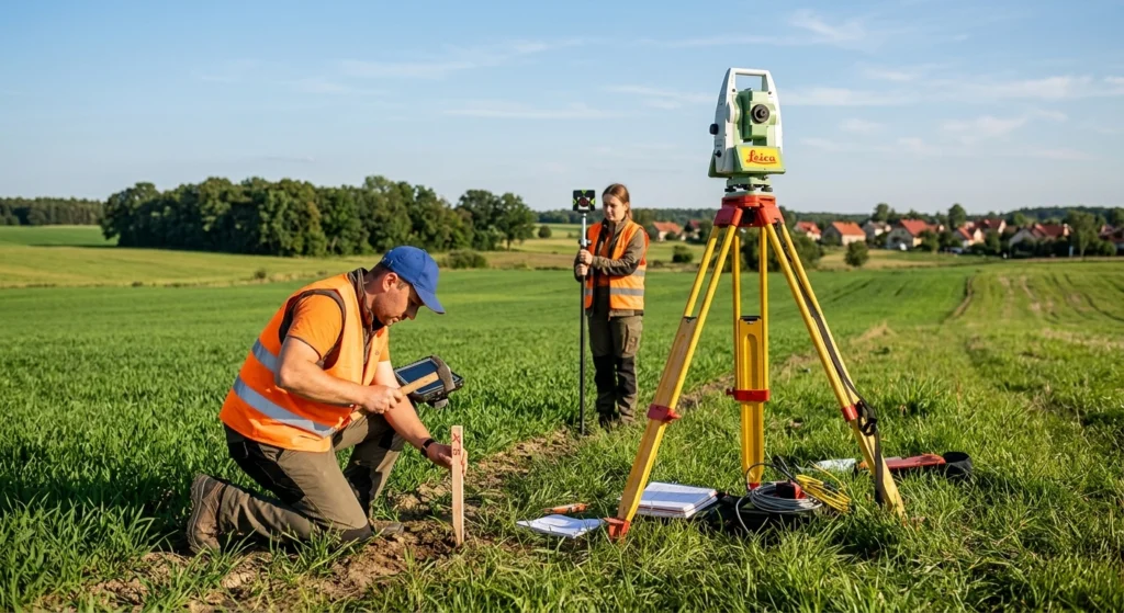Geodeta stabilizuje znak graniczny podczas wznowienia granic działki w Olsztynie